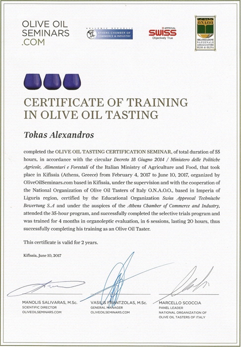 Certificate of training in olive oil tasting