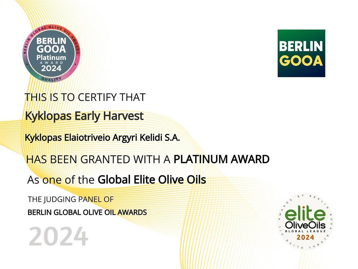 The platinum award in the global elite of extra virgin olive oil is a great recognition for Kyklopas early harvest olive oil.