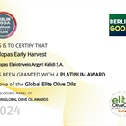 The platinum award in the global elite of extra virgin olive oil is a great recognition for Kyklopas early harvest olive oil.