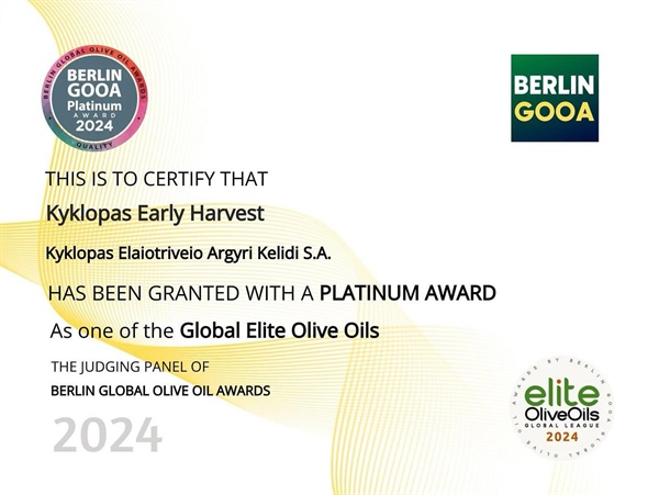 The platinum award in the global elite of extra virgin olive oil is a great recognition for Kyklopas early harvest olive oil.