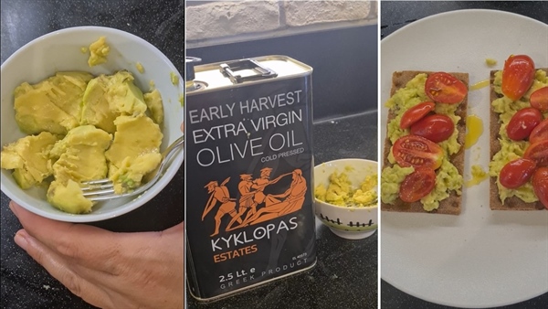 A superb breakfast does not need much!! Avocado, cherry tomatoes, lemon and early harvest olive oil!