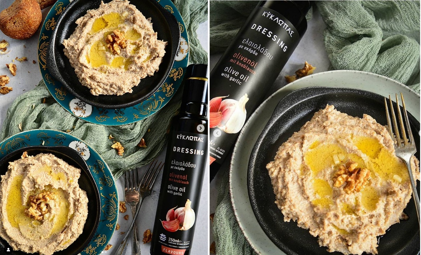 Garlic sauce with walnuts, bread, extra virgin olive oil and olive oil